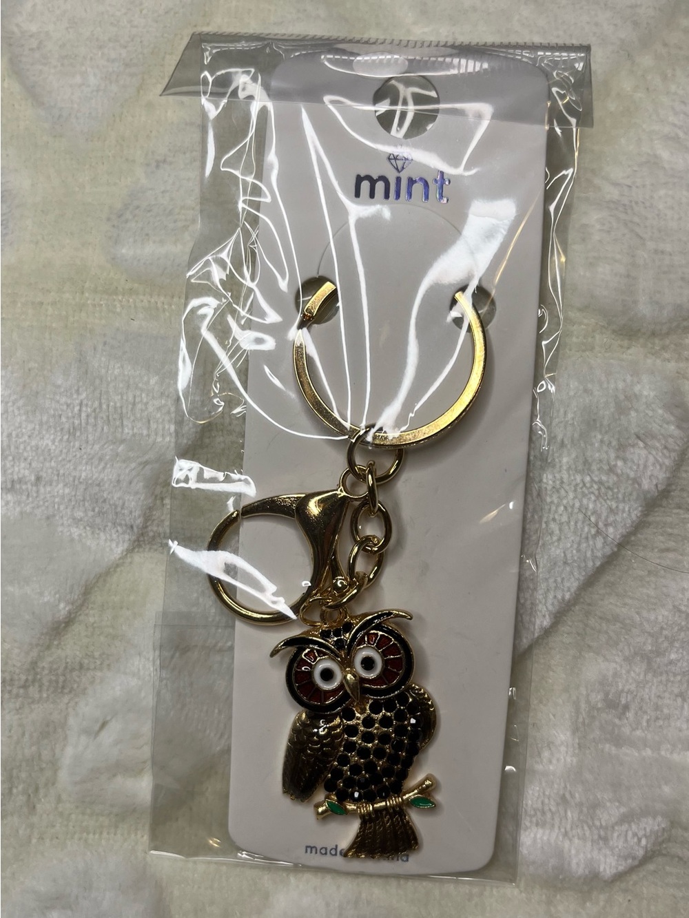 Mint Gold Owl Keychain with Red and Green Enamel Accents